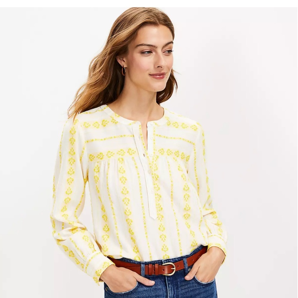 Loft Blouse Women’s Small White & Yellow Stripe Pattern Long Sleeve Henley Shirt